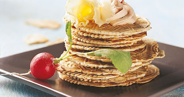 Poppy Seed Pizzelles with Thyme Mousse and Tête de Moine AOP