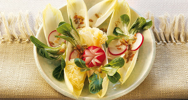 Chicorée-Feldsalat mit Weizensprossen an Bärlauchdressing