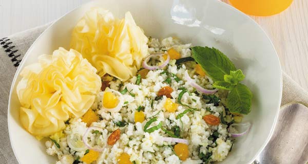 Cauliflower tabbouleh with Tête de Moine AOP rosettes